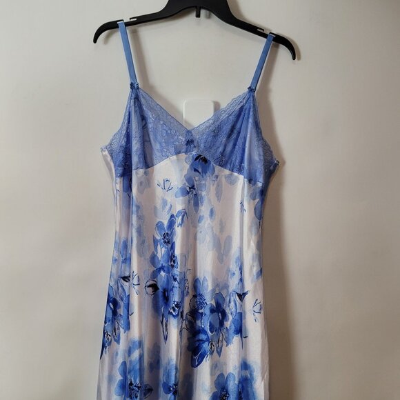 Jones New York Blue Floral Satin Nightgown With Lace Trim Adjustable Straps XL - Picture 4 of 11